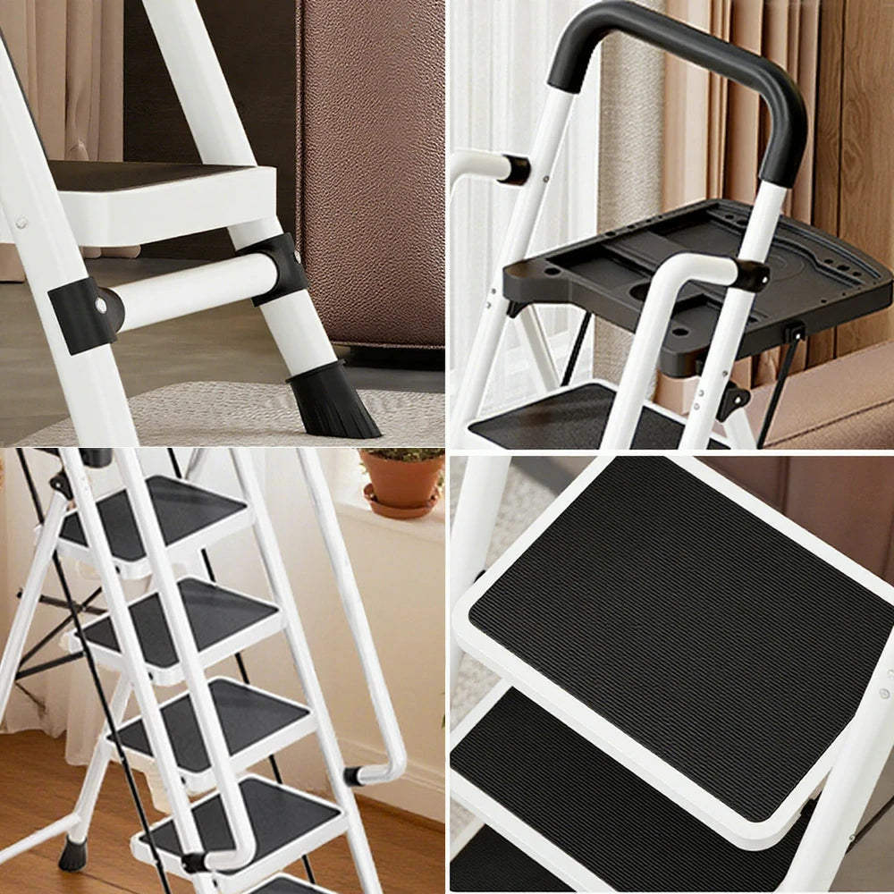 GROVIA 4/5/6 Step Carbon Steel Folding Handrail Ladder - Tool Tray, 26cm Wide Pedals, Foldable to 10cm, Anti-Slip Feet - White