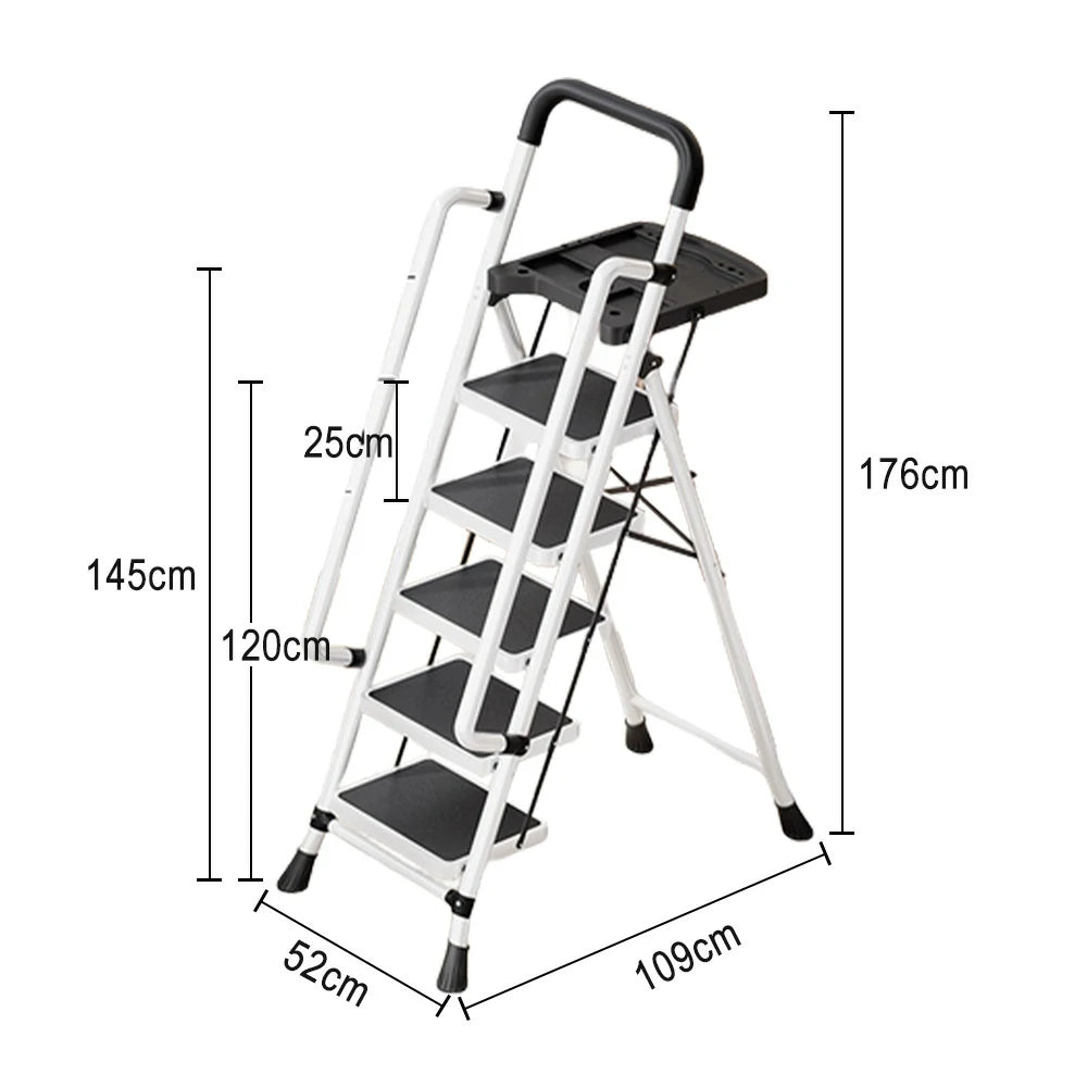 GROVIA 4/5/6 Step Carbon Steel Folding Handrail Ladder - Tool Tray, 26cm Wide Pedals, Foldable to 10cm, Anti-Slip Feet - White