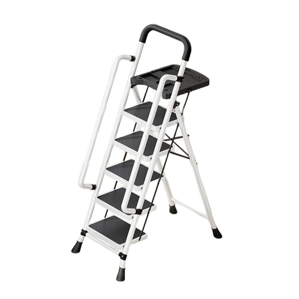 GROVIA 4/5/6 Step Carbon Steel Folding Handrail Ladder - Tool Tray, 26cm Wide Pedals, Foldable to 10cm, Anti-Slip Feet - White