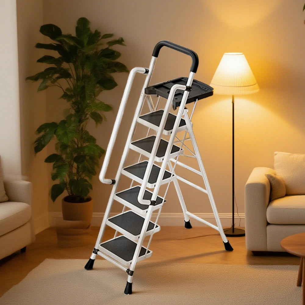 GROVIA 4/5/6 Step Carbon Steel Folding Handrail Ladder - Tool Tray, 26cm Wide Pedals, Foldable to 10cm, Anti-Slip Feet - White