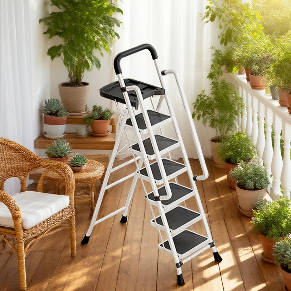 GROVIA 4/5/6 Step Carbon Steel Folding Handrail Ladder - Tool Tray, 26cm Wide Pedals, Foldable to 10cm, Anti-Slip Feet - White
