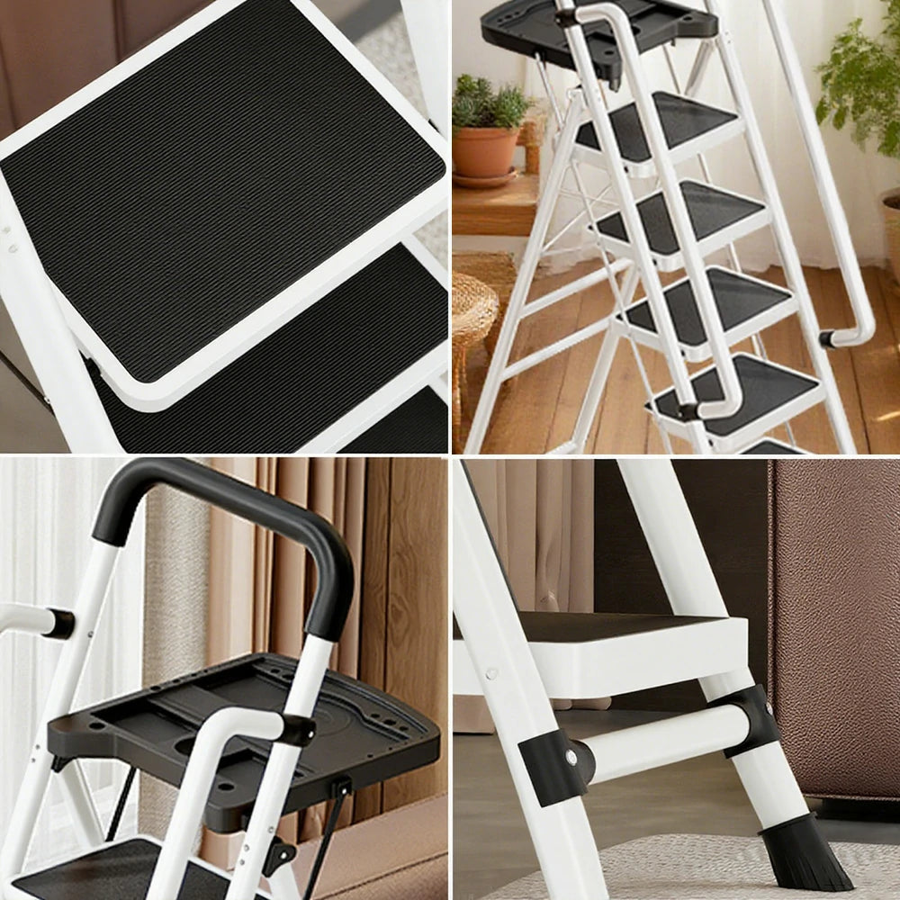 GROVIA 4/5/6 Step Carbon Steel Folding Handrail Ladder - Tool Tray, 26cm Wide Pedals, Foldable to 10cm, Anti-Slip Feet - White
