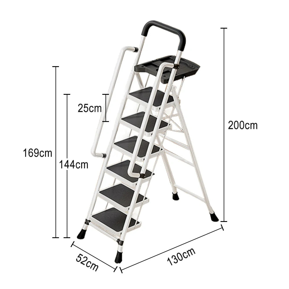 GROVIA 4/5/6 Step Carbon Steel Folding Handrail Ladder - Tool Tray, 26cm Wide Pedals, Foldable to 10cm, Anti-Slip Feet - White