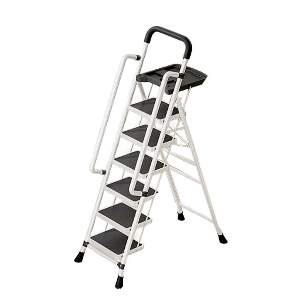 GROVIA 4/5/6 Step Carbon Steel Folding Handrail Ladder - Tool Tray, 26cm Wide Pedals, Foldable to 10cm, Anti-Slip Feet - White