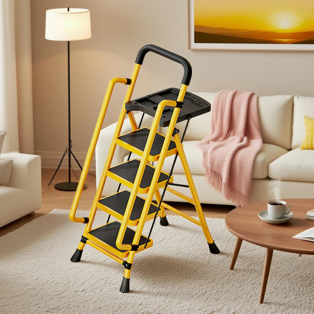 GROVIA 4/5/6 Step Carbon Steel Folding Handrail Ladder - Tool Tray, 26cm Wide Pedals, Foldable to 10cm, Anti-Slip Feet - Yellow