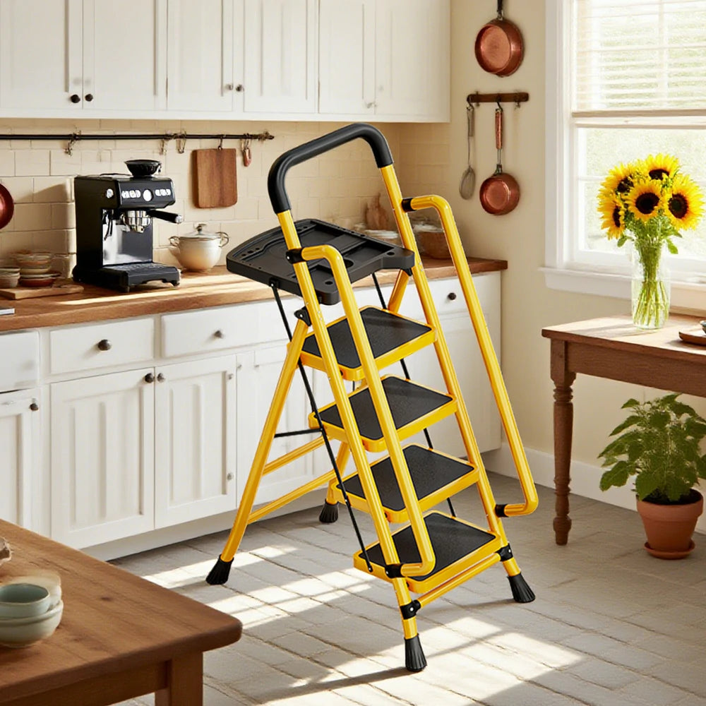 GROVIA 4/5/6 Step Carbon Steel Folding Handrail Ladder - Tool Tray, 26cm Wide Pedals, Foldable to 10cm, Anti-Slip Feet - Yellow