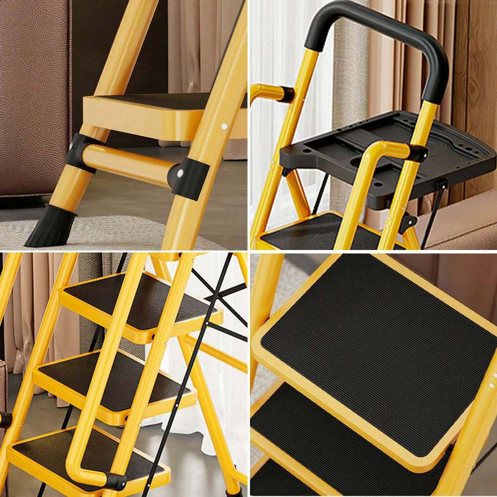 GROVIA 4/5/6 Step Carbon Steel Folding Handrail Ladder - Tool Tray, 26cm Wide Pedals, Foldable to 10cm, Anti-Slip Feet - Yellow