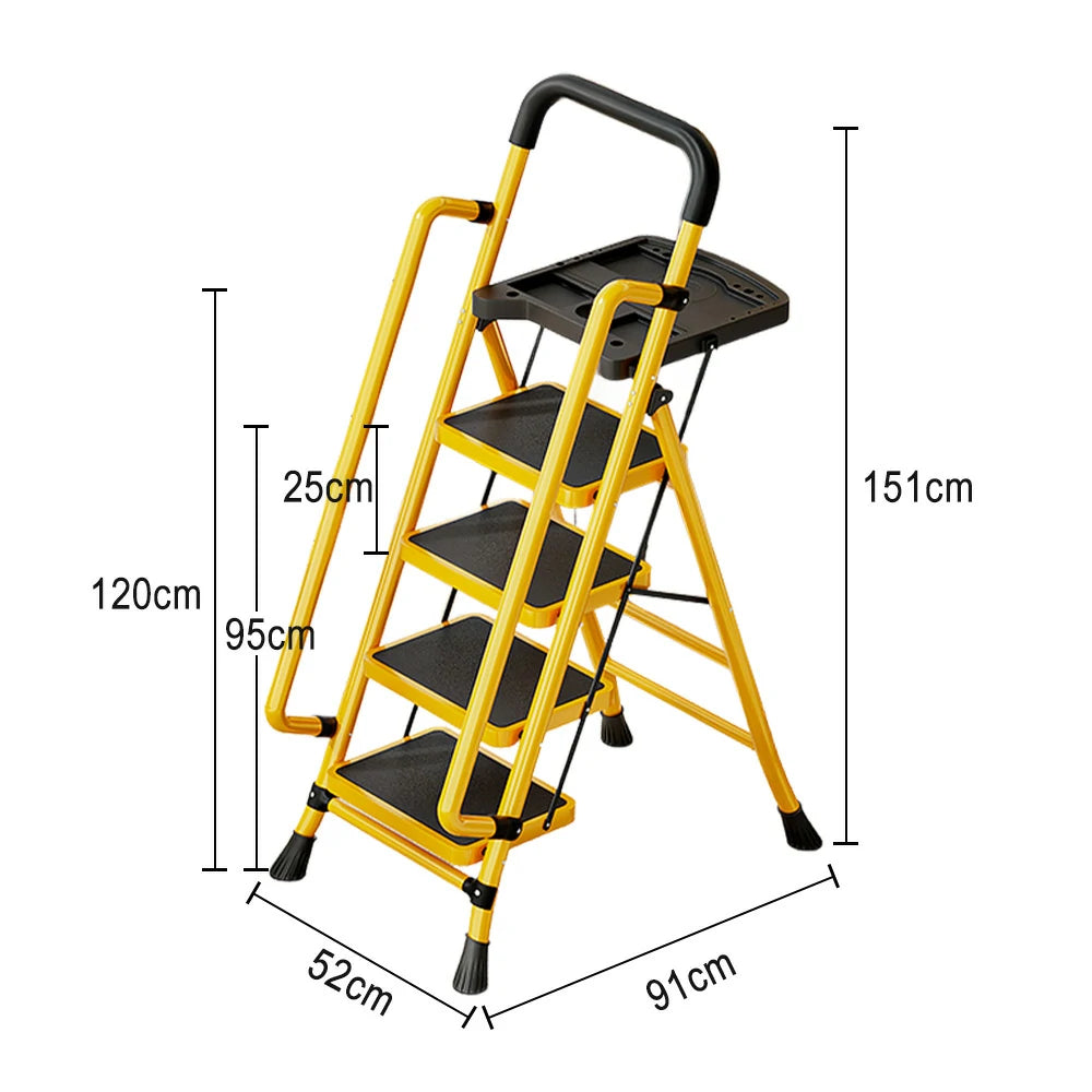 GROVIA 4/5/6 Step Carbon Steel Folding Handrail Ladder - Tool Tray, 26cm Wide Pedals, Foldable to 10cm, Anti-Slip Feet - Yellow