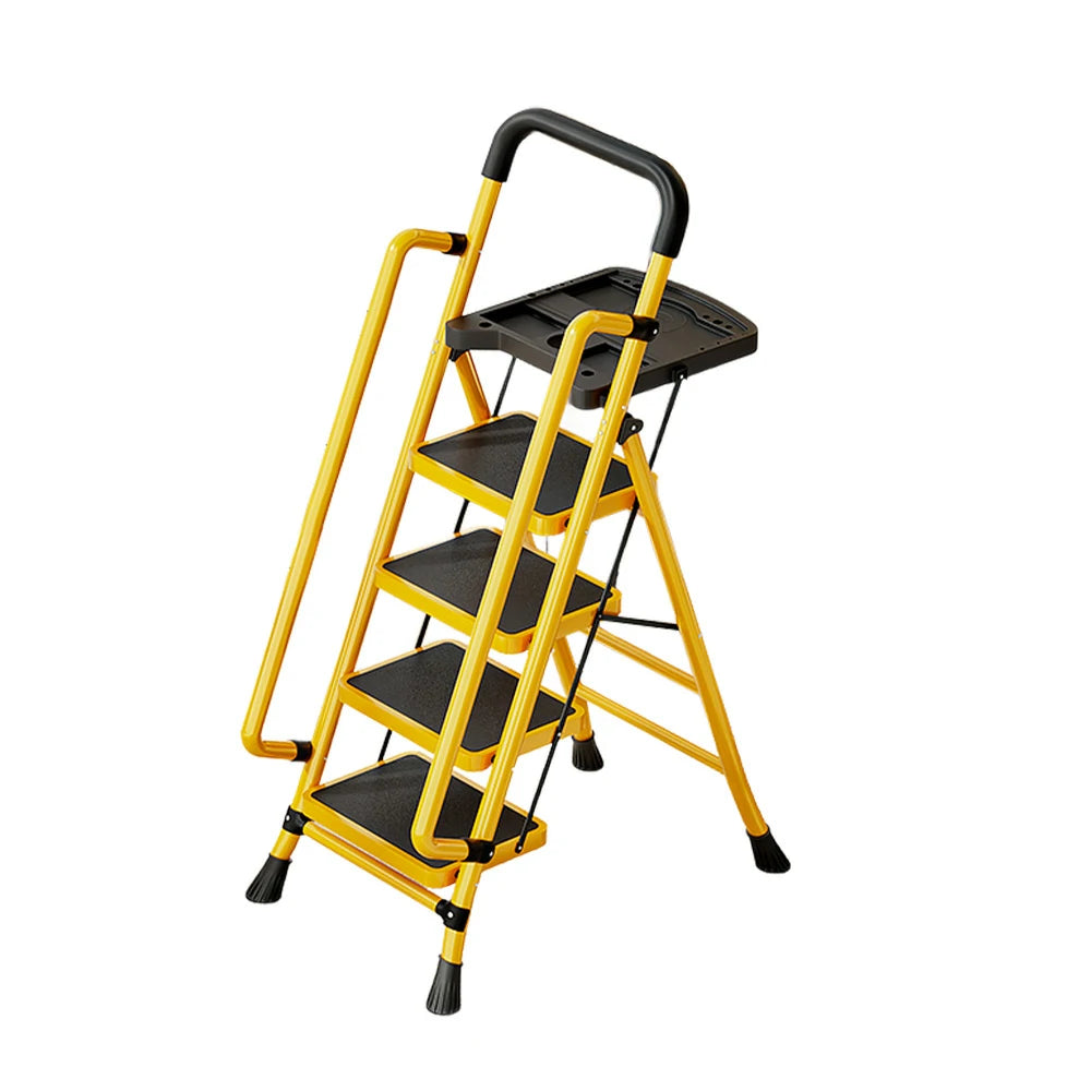 GROVIA 4/5/6 Step Carbon Steel Folding Handrail Ladder - Tool Tray, 26cm Wide Pedals, Foldable to 10cm, Anti-Slip Feet - Yellow