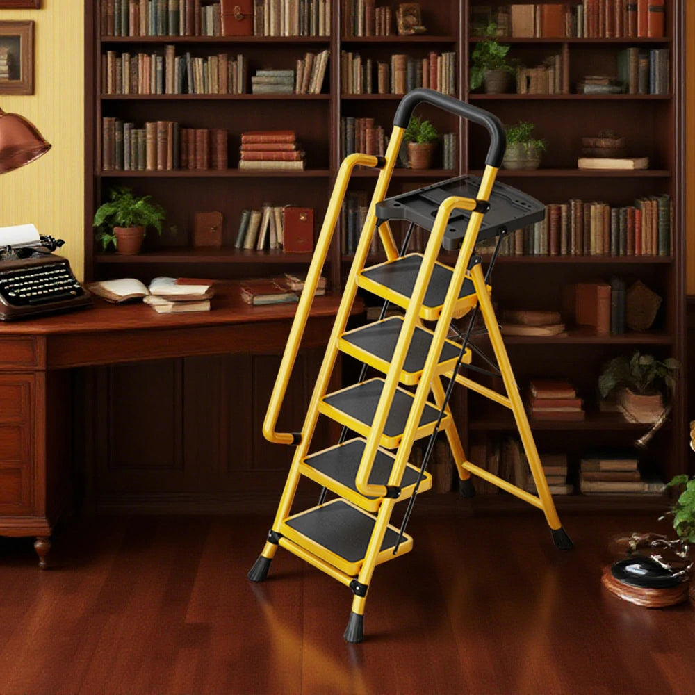 GROVIA 4/5/6 Step Carbon Steel Folding Handrail Ladder - Tool Tray, 26cm Wide Pedals, Foldable to 10cm, Anti-Slip Feet - Yellow