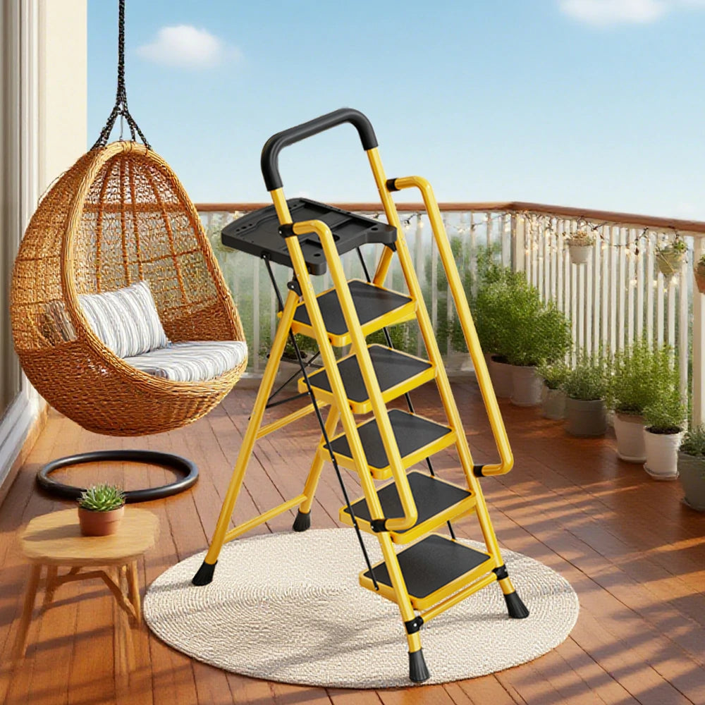 GROVIA 4/5/6 Step Carbon Steel Folding Handrail Ladder - Tool Tray, 26cm Wide Pedals, Foldable to 10cm, Anti-Slip Feet - Yellow