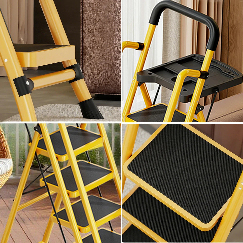 GROVIA 4/5/6 Step Carbon Steel Folding Handrail Ladder - Tool Tray, 26cm Wide Pedals, Foldable to 10cm, Anti-Slip Feet - Yellow