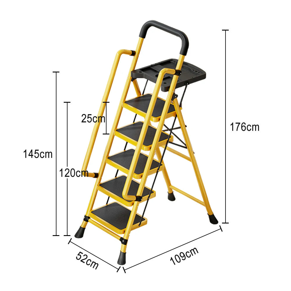 GROVIA 4/5/6 Step Carbon Steel Folding Handrail Ladder - Tool Tray, 26cm Wide Pedals, Foldable to 10cm, Anti-Slip Feet - Yellow