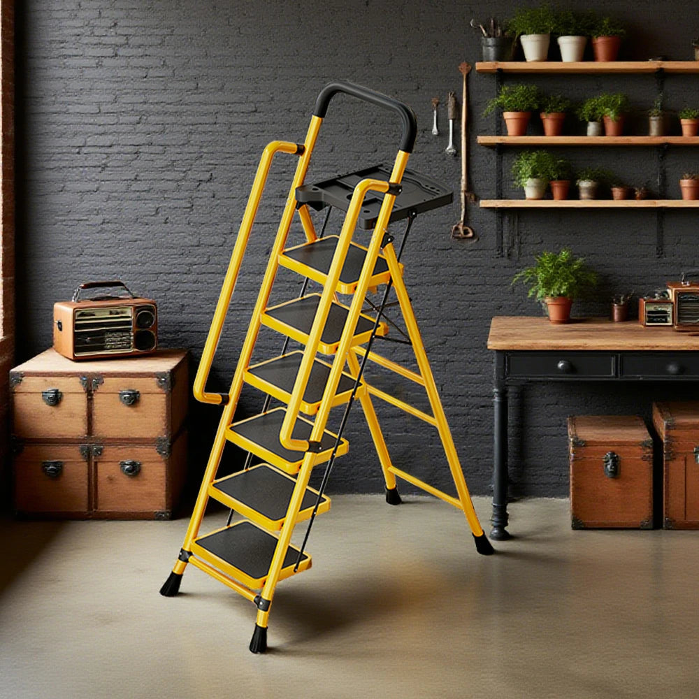 GROVIA 4/5/6 Step Carbon Steel Folding Handrail Ladder - Tool Tray, 26cm Wide Pedals, Foldable to 10cm, Anti-Slip Feet - Yellow