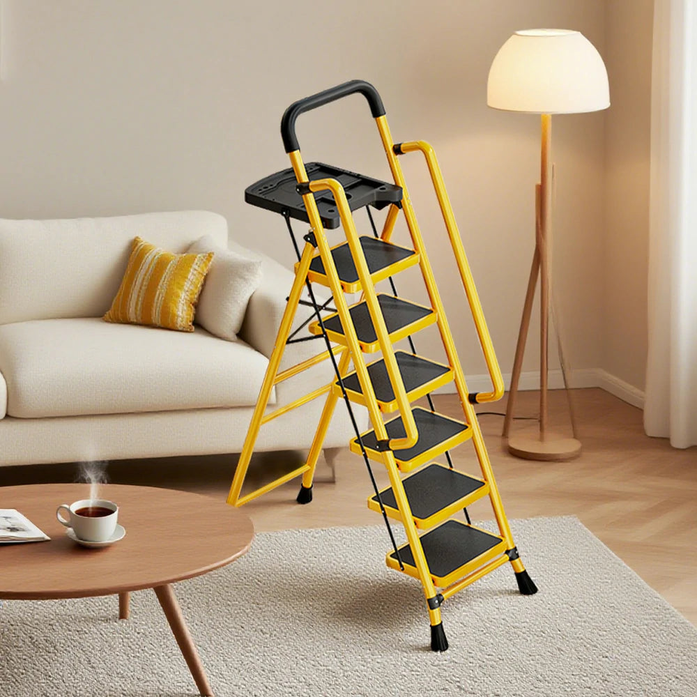 GROVIA 4/5/6 Step Carbon Steel Folding Handrail Ladder - Tool Tray, 26cm Wide Pedals, Foldable to 10cm, Anti-Slip Feet - Yellow