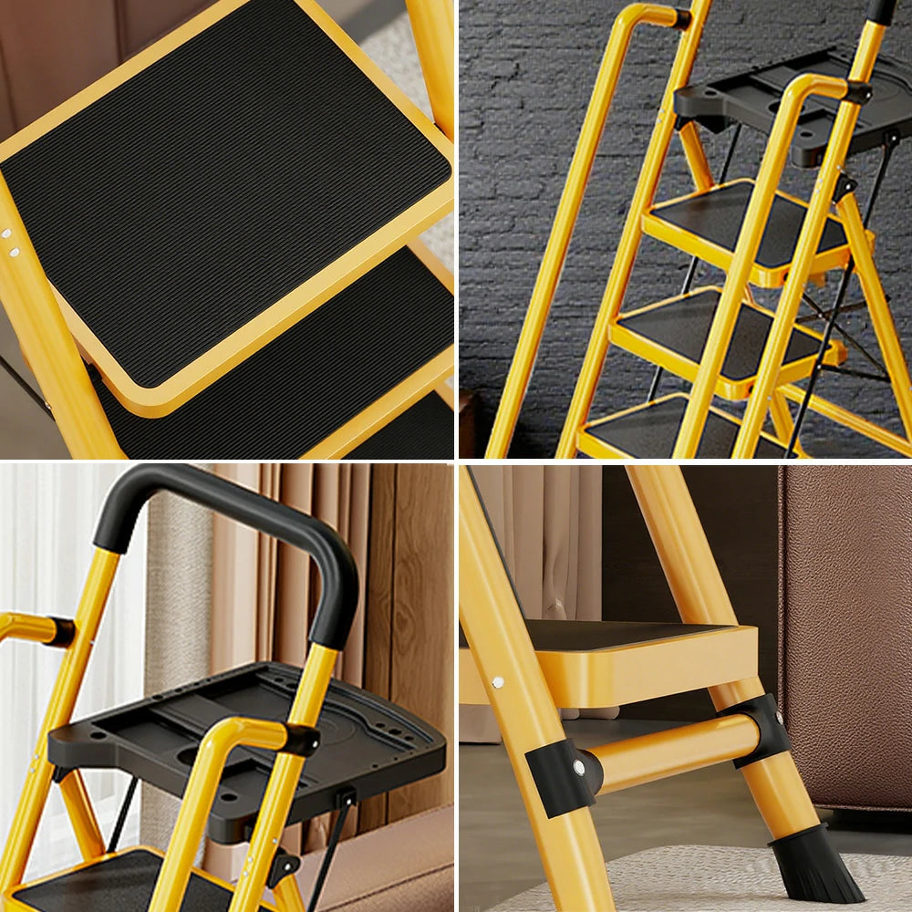 GROVIA 4/5/6 Step Carbon Steel Folding Handrail Ladder - Tool Tray, 26cm Wide Pedals, Foldable to 10cm, Anti-Slip Feet - Yellow