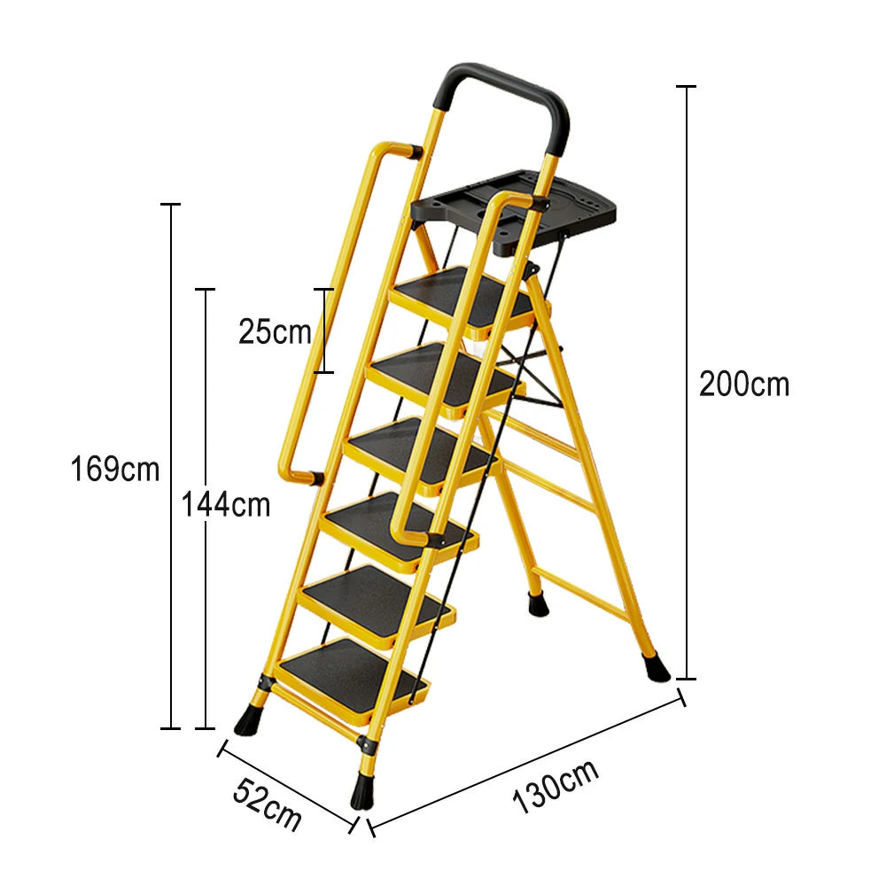 GROVIA 4/5/6 Step Carbon Steel Folding Handrail Ladder - Tool Tray, 26cm Wide Pedals, Foldable to 10cm, Anti-Slip Feet - Yellow