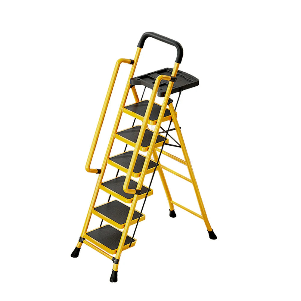 GROVIA 4/5/6 Step Carbon Steel Folding Handrail Ladder - Tool Tray, 26cm Wide Pedals, Foldable to 10cm, Anti-Slip Feet - Yellow