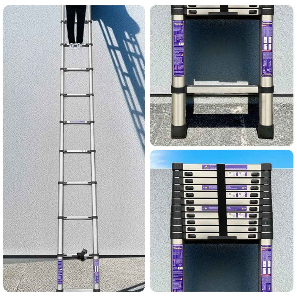 GROVIA Stainless Steel Telescopic Ladder 12/15 Step - Anti-Slip Base, Reinforced Frame, Foldable & Portable Design