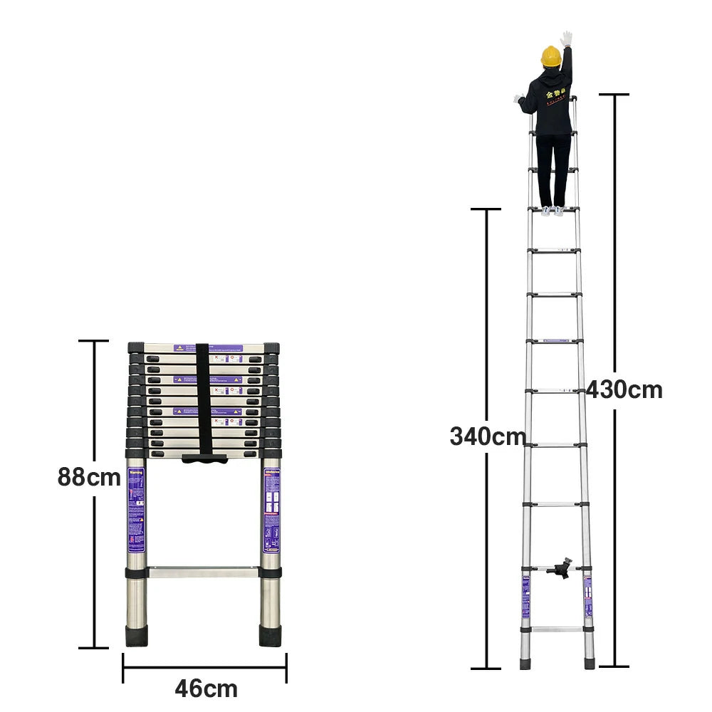 GROVIA Stainless Steel Telescopic Ladder 12/15 Step - Anti-Slip Base, Reinforced Frame, Foldable & Portable Design