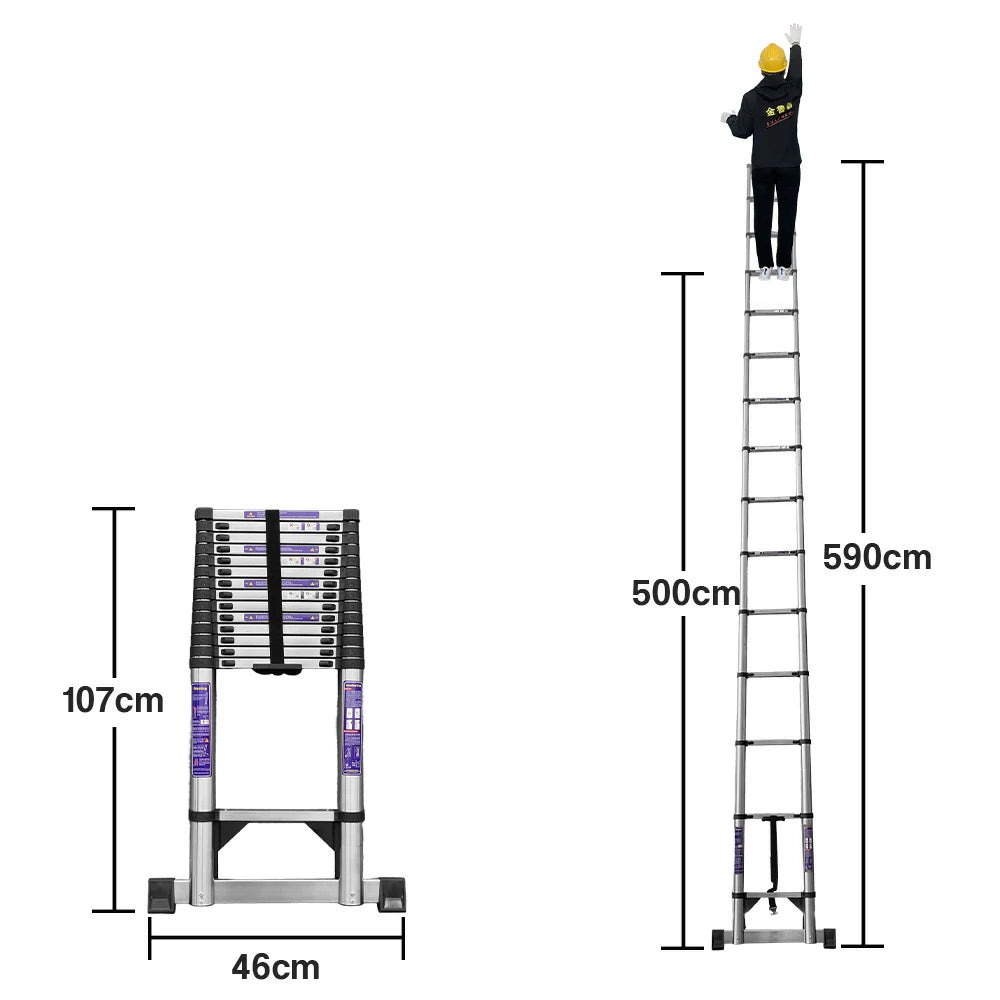 GROVIA Stainless Steel Telescopic Ladder 12/15 Step - Anti-Slip Base, Reinforced Frame, Foldable & Portable Design