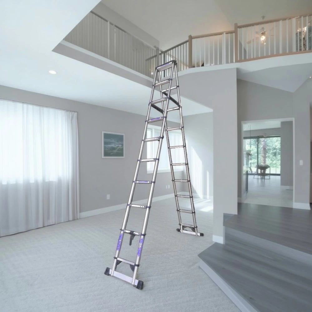 GROVIA Stainless Steel A-Frame Telescopic Ladder 7/10 Step - Heavy-Duty, Anti-Slip, Foldable & Space-Saving Design