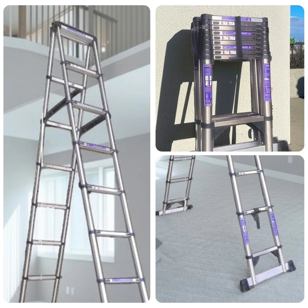 GROVIA Stainless Steel A-Frame Telescopic Ladder 7/10 Step - Heavy-Duty, Anti-Slip, Foldable & Space-Saving Design