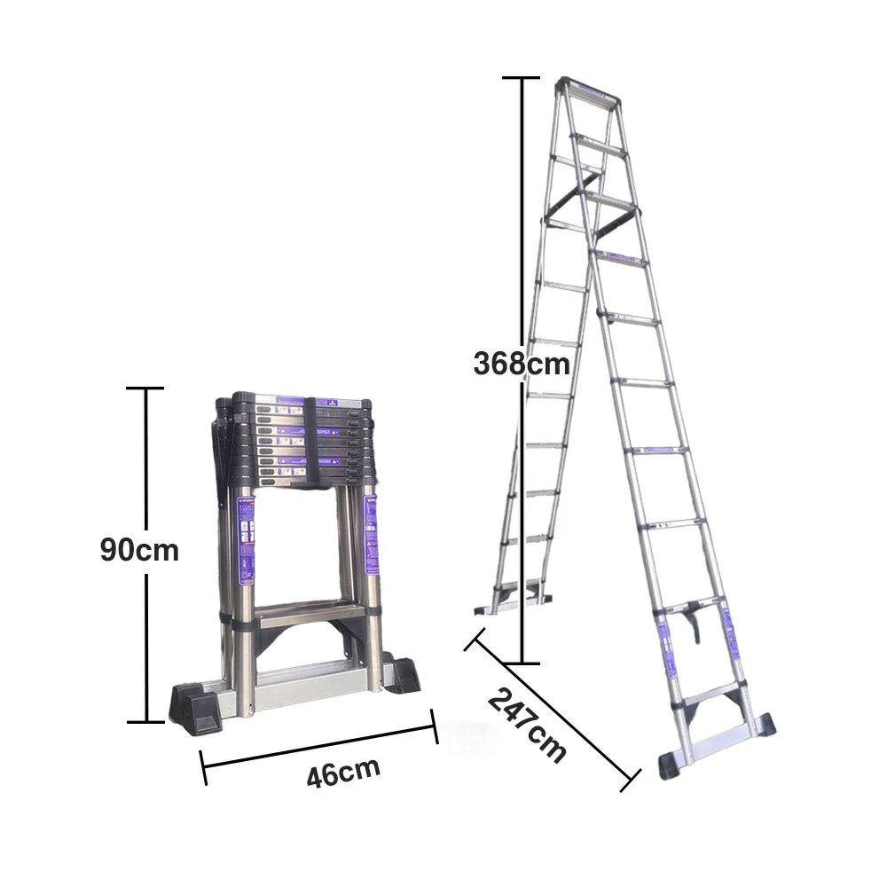 GROVIA Stainless Steel A-Frame Telescopic Ladder 7/10 Step - Heavy-Duty, Anti-Slip, Foldable & Space-Saving Design