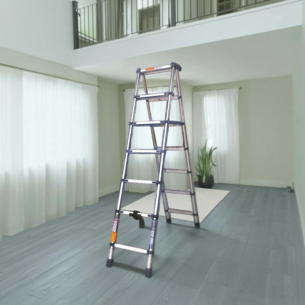 GROVIA Stainless Steel A-Frame Telescopic Ladder 7/10 Step - Heavy-Duty, Anti-Slip, Foldable & Space-Saving Design