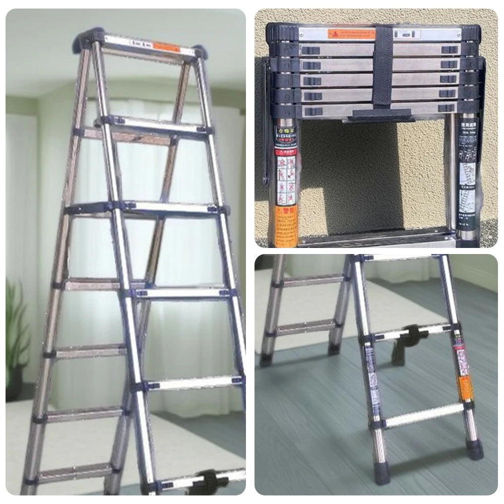 GROVIA Stainless Steel A-Frame Telescopic Ladder 7/10 Step - Heavy-Duty, Anti-Slip, Foldable & Space-Saving Design
