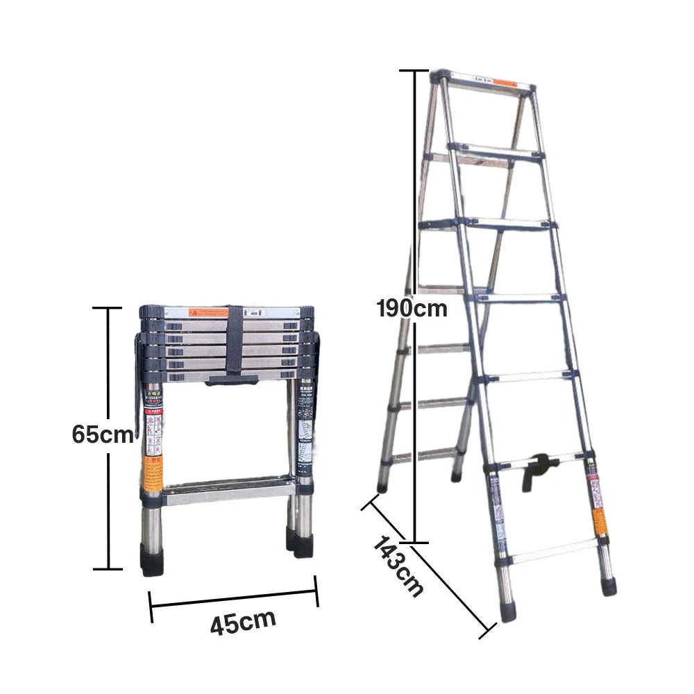 GROVIA Stainless Steel A-Frame Telescopic Ladder 7/10 Step - Heavy-Duty, Anti-Slip, Foldable & Space-Saving Design