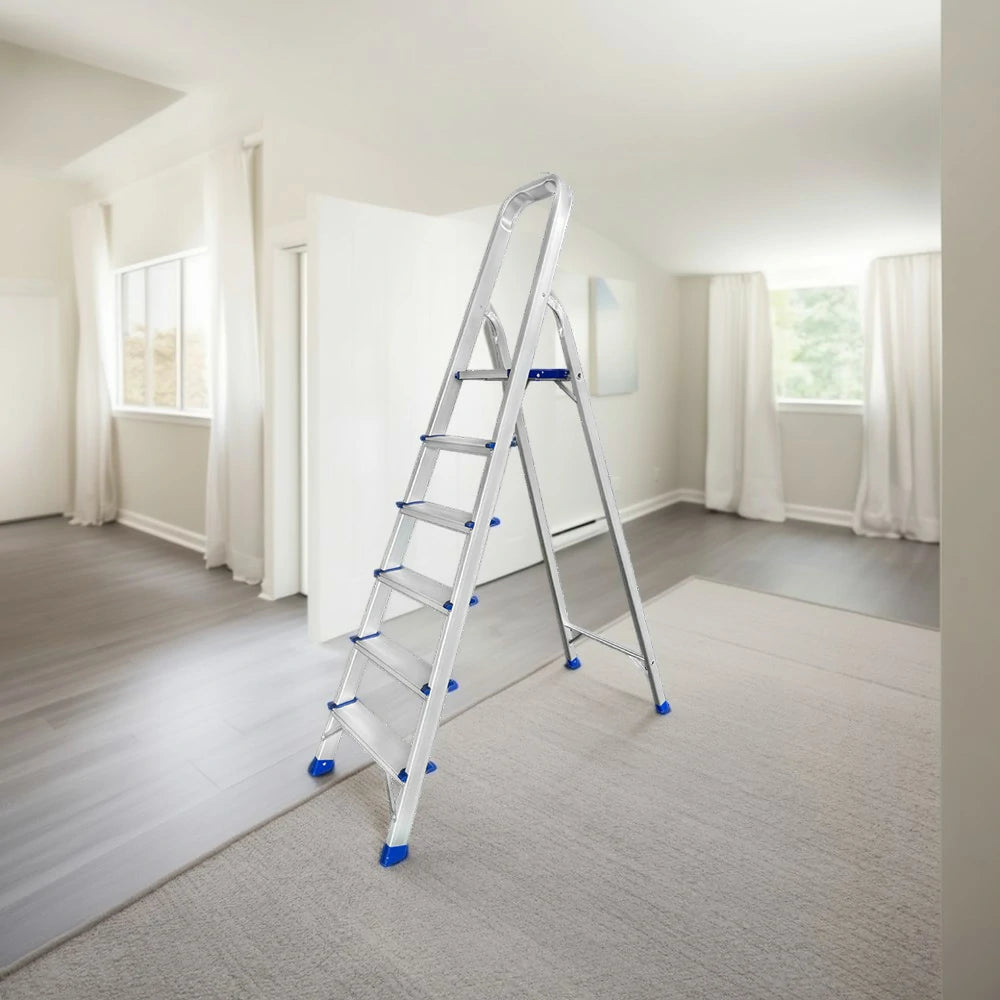 GROVIA Aluminium Step Ladder with Handrail 6/7 Step - Wide Anti-Slip Pedals, Foldable & Space-Saving Design