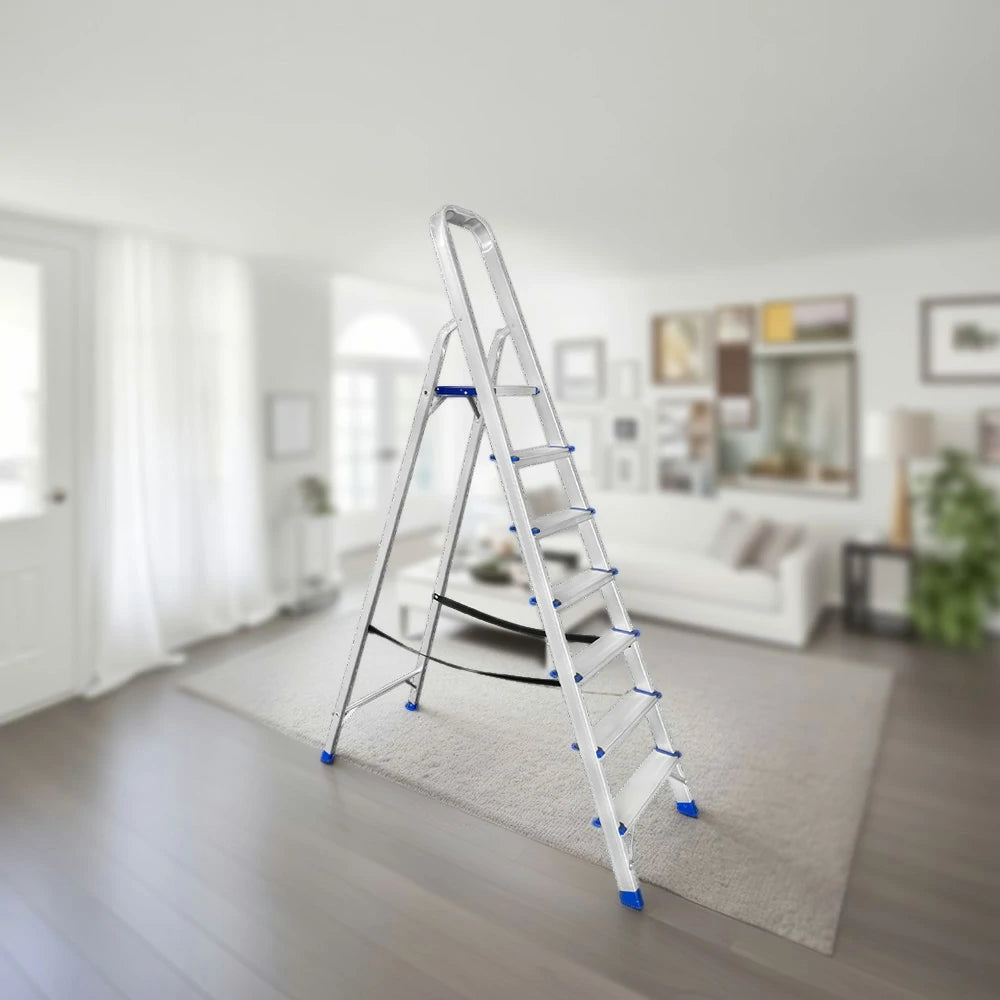 GROVIA Aluminium Step Ladder with Handrail 6/7 Step - Wide Anti-Slip Pedals, Foldable & Space-Saving Design
