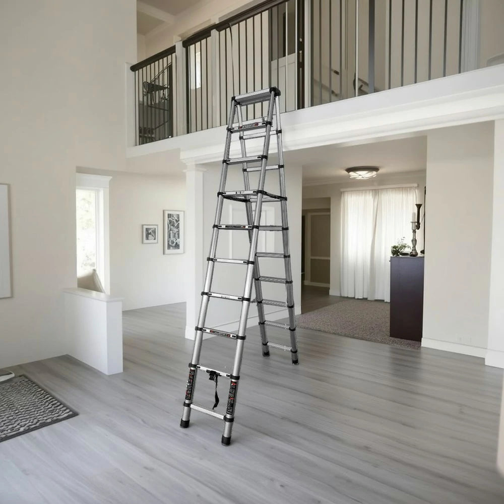GROVIA Aluminium A-Frame Telescopic Ladder 10/11/12 Step - Heavy-Duty, Anti-Slip, Foldable & Space-Saving Design