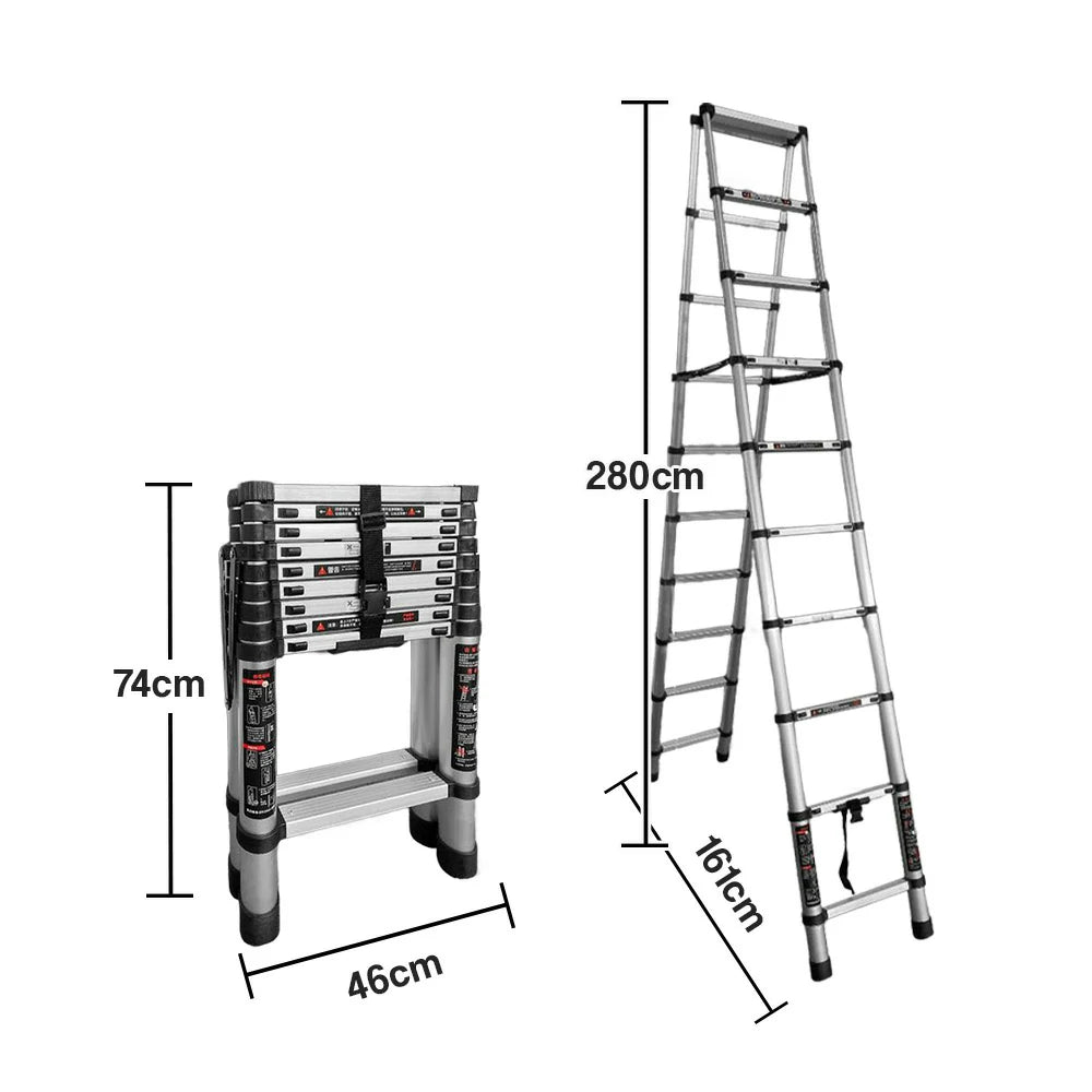 GROVIA Aluminium A-Frame Telescopic Ladder 10/11/12 Step - Heavy-Duty, Anti-Slip, Foldable & Space-Saving Design