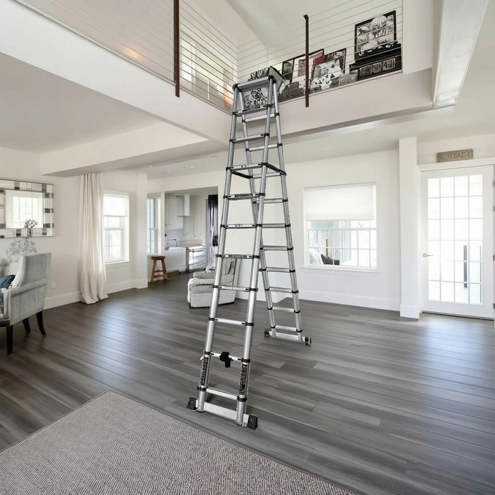GROVIA Aluminium A-Frame Telescopic Ladder 10/11/12 Step - Heavy-Duty, Anti-Slip, Foldable & Space-Saving Design