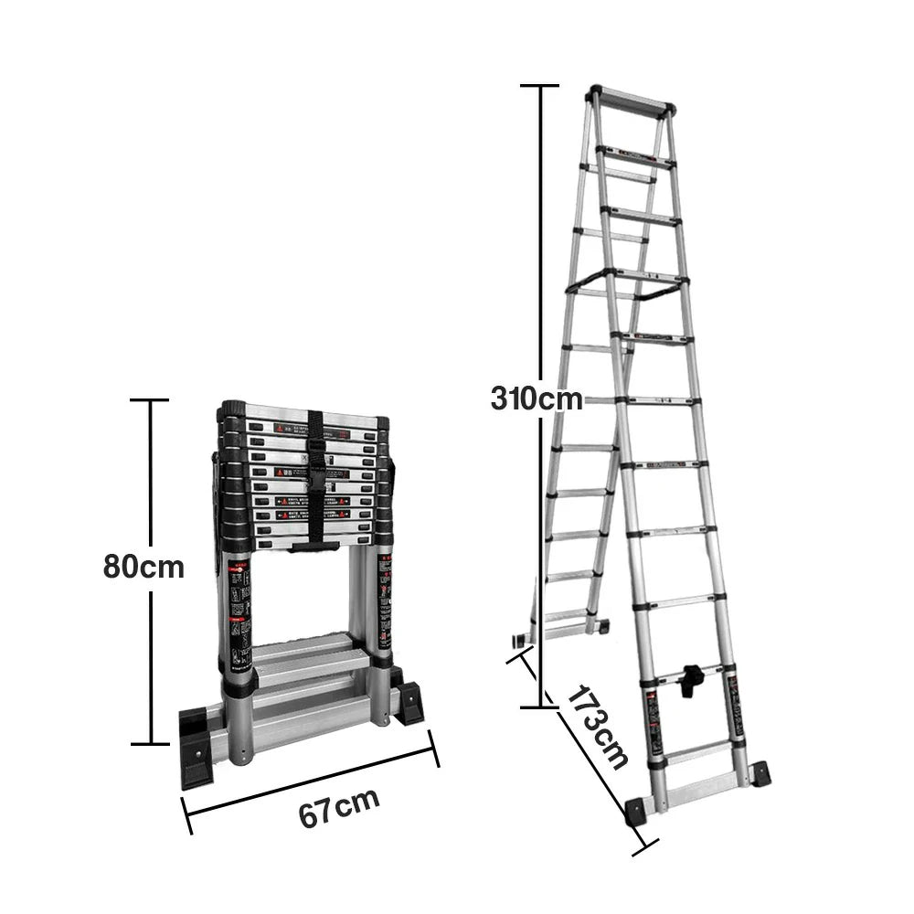 GROVIA Aluminium A-Frame Telescopic Ladder 10/11/12 Step - Heavy-Duty, Anti-Slip, Foldable & Space-Saving Design