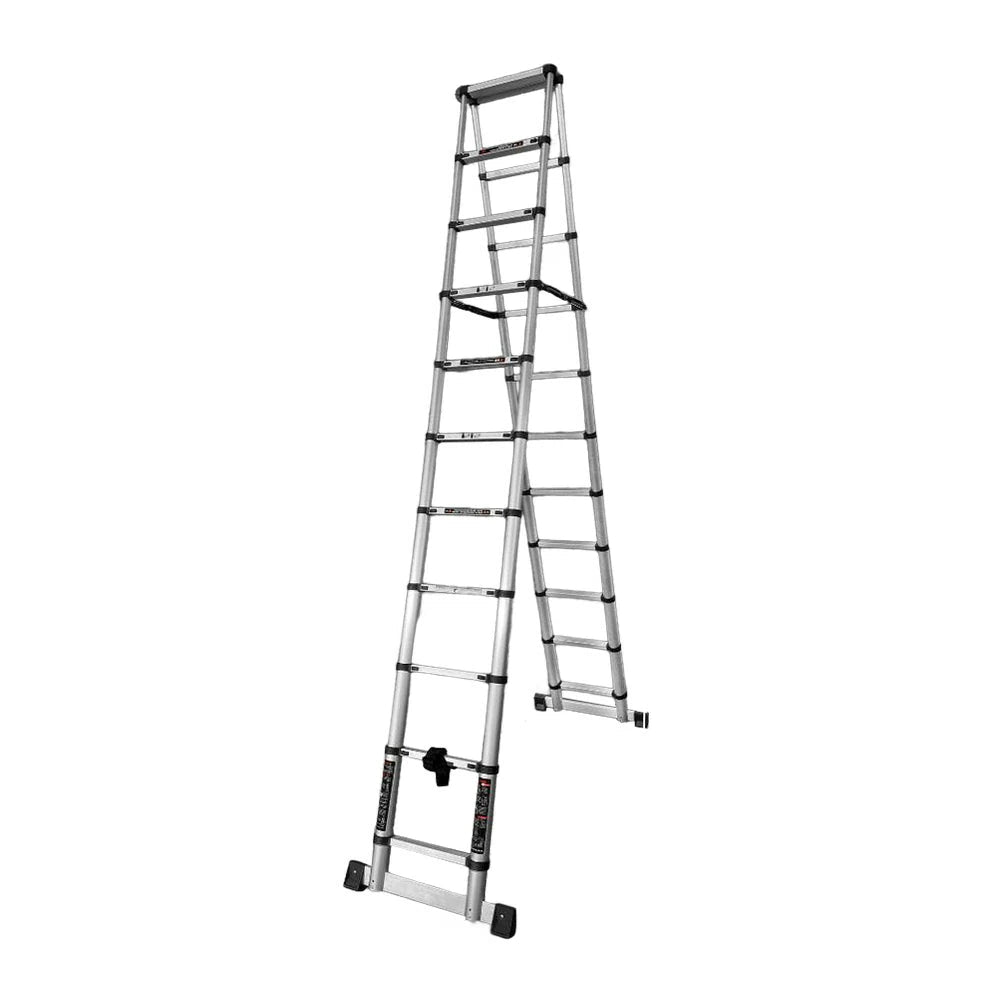 GROVIA Aluminium A-Frame Telescopic Ladder 10/11/12 Step - Heavy-Duty, Anti-Slip, Foldable & Space-Saving Design