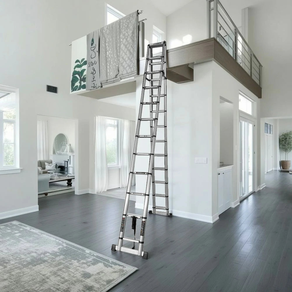 GROVIA Aluminium A-Frame Telescopic Ladder 10/11/12 Step - Heavy-Duty, Anti-Slip, Foldable & Space-Saving Design