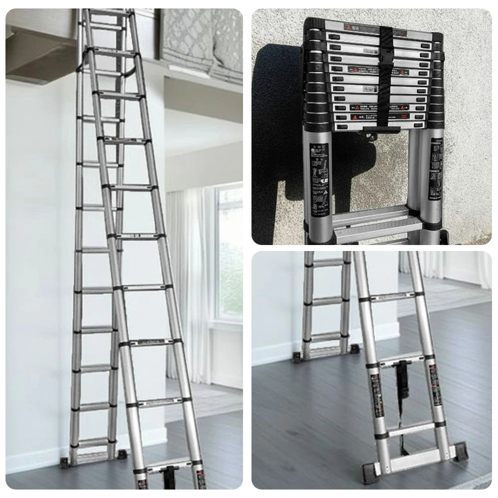 GROVIA Aluminium A-Frame Telescopic Ladder 10/11/12 Step - Heavy-Duty, Anti-Slip, Foldable & Space-Saving Design