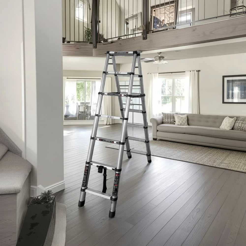 GROVIA Aluminium A-Frame Telescopic Ladder 6/7/9 Step - Heavy-Duty, Anti-Slip, Foldable & Space-Saving Design