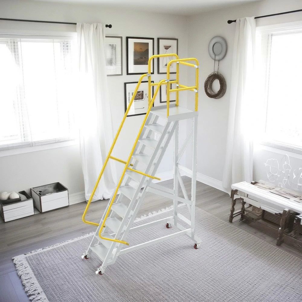 GROVIA Aluminium Platform Ladder 8/10/12 Step - Heavy-Duty Safety Rail, Anti-Slip Steps & Lockable Wheels