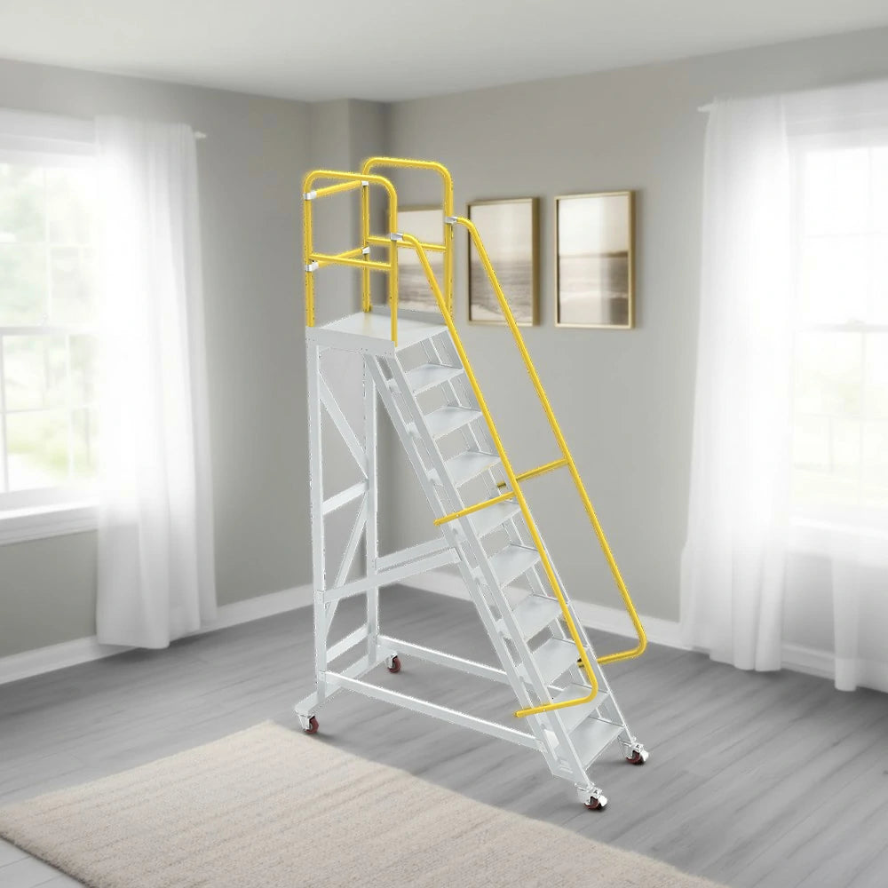 GROVIA Aluminium Platform Ladder 8/10/12 Step - Heavy-Duty Safety Rail, Anti-Slip Steps & Lockable Wheels
