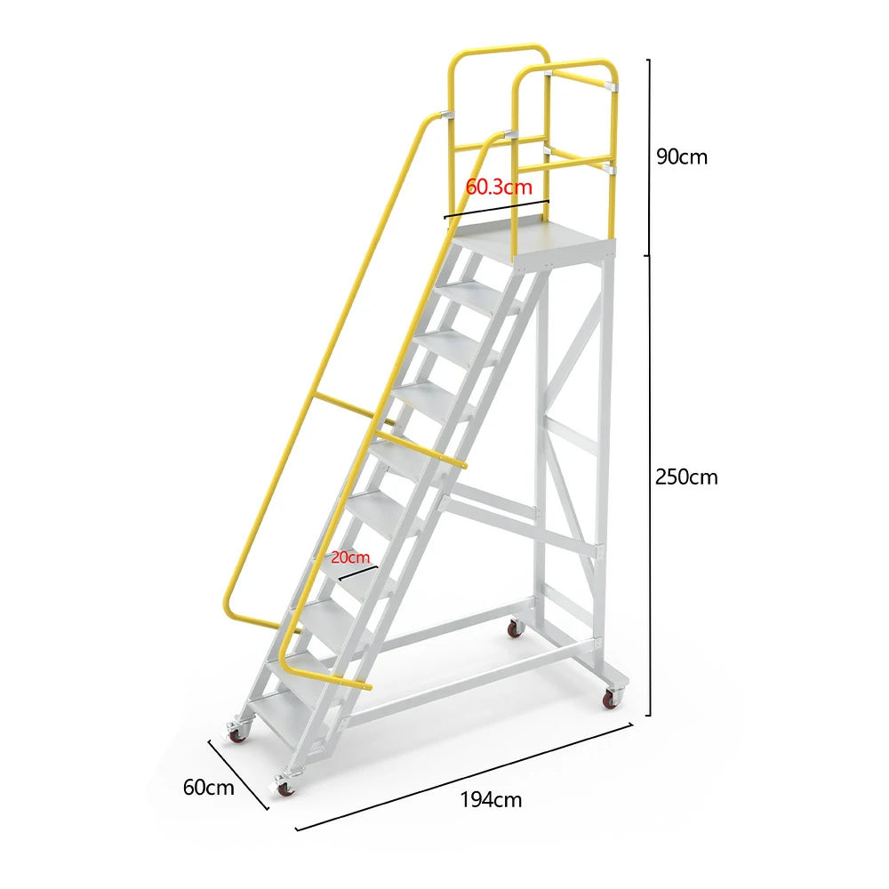 GROVIA Aluminium Platform Ladder 8/10/12 Step - Heavy-Duty Safety Rail, Anti-Slip Steps & Lockable Wheels