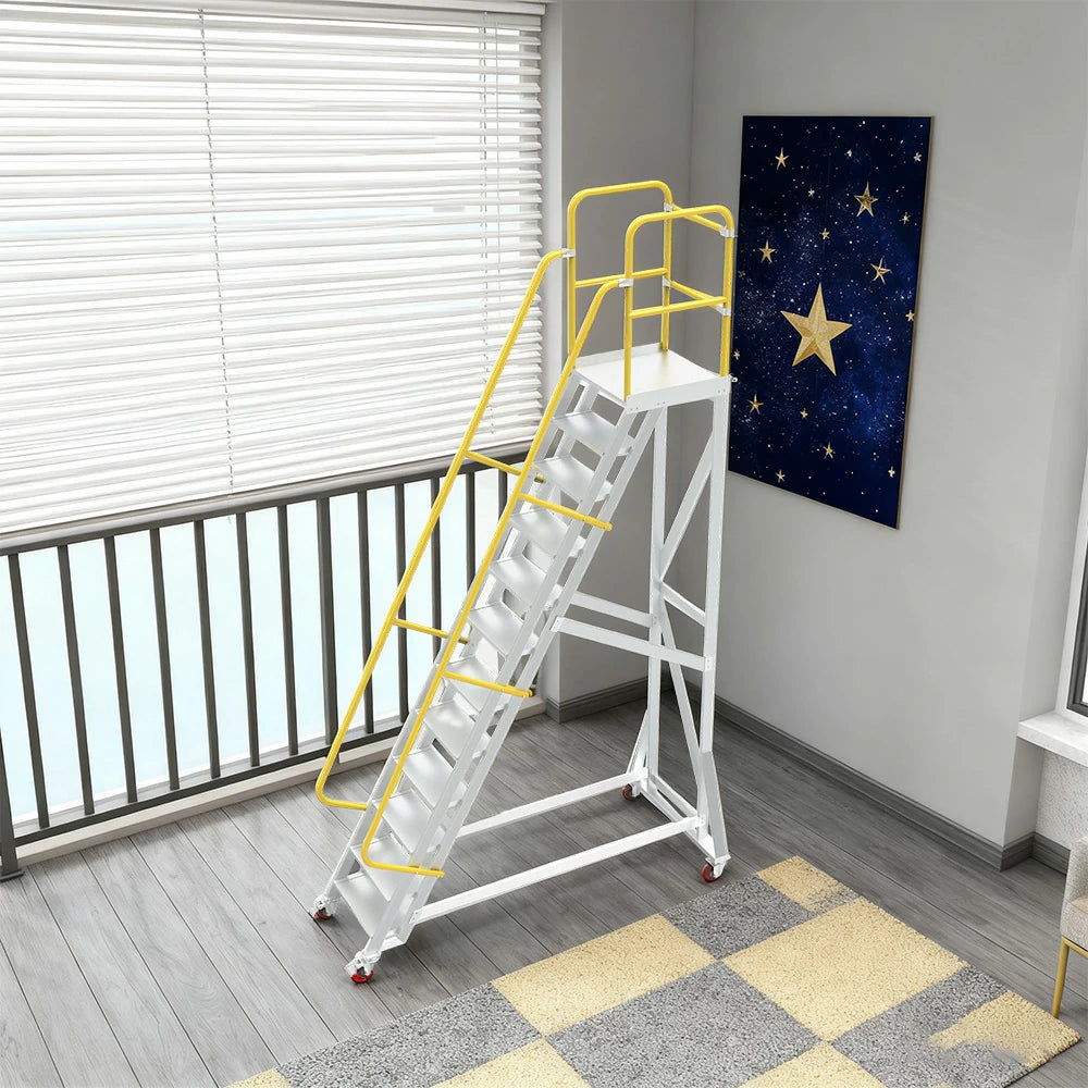 GROVIA Aluminium Platform Ladder 8/10/12 Step - Heavy-Duty Safety Rail, Anti-Slip Steps & Lockable Wheels