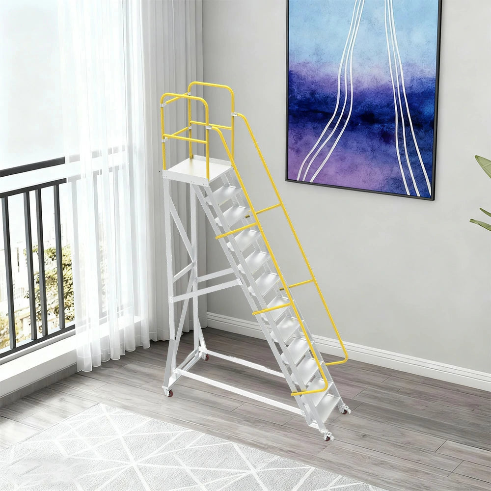 GROVIA Aluminium Platform Ladder 8/10/12 Step - Heavy-Duty Safety Rail, Anti-Slip Steps & Lockable Wheels