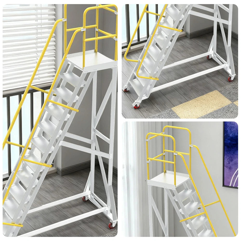 GROVIA Aluminium Platform Ladder 8/10/12 Step - Heavy-Duty Safety Rail, Anti-Slip Steps & Lockable Wheels