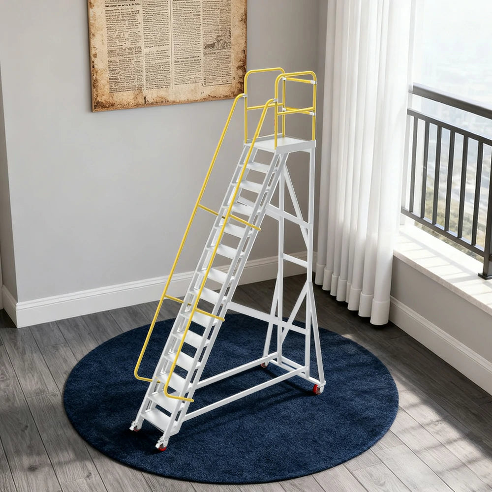 GROVIA Aluminium Platform Ladder 14/16/18 Step - Heavy-Duty Safety Rail, Anti-Slip Steps & Lockable Wheels