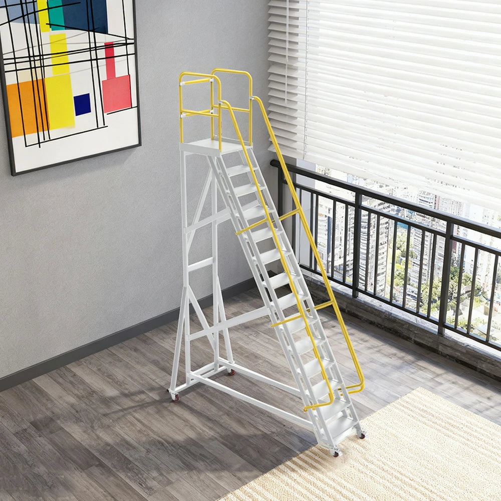 GROVIA Aluminium Platform Ladder 14/16/18 Step - Heavy-Duty Safety Rail, Anti-Slip Steps & Lockable Wheels