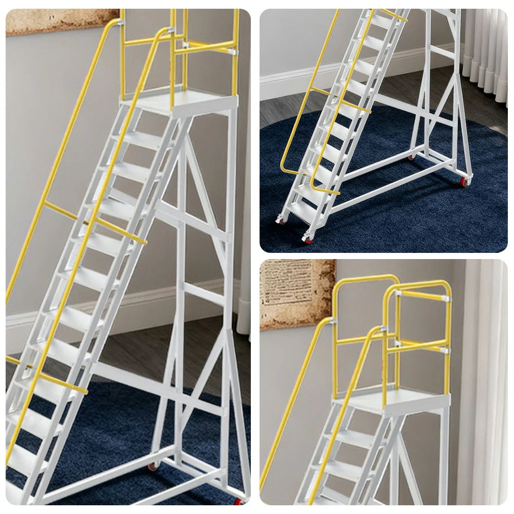 GROVIA Aluminium Platform Ladder 14/16/18 Step - Heavy-Duty Safety Rail, Anti-Slip Steps & Lockable Wheels